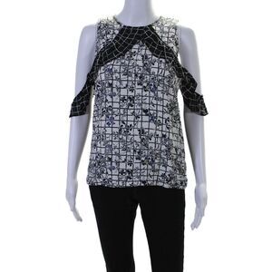 Preen Line Womens Side Zip Floral Check Cold Shoulder Top White Black Size Small